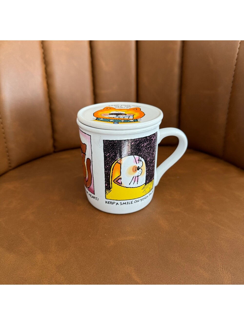 Vintage 80s Hallmark Mug Mates Cat Coffe Mug w/ Lid Coaster Made in Japan